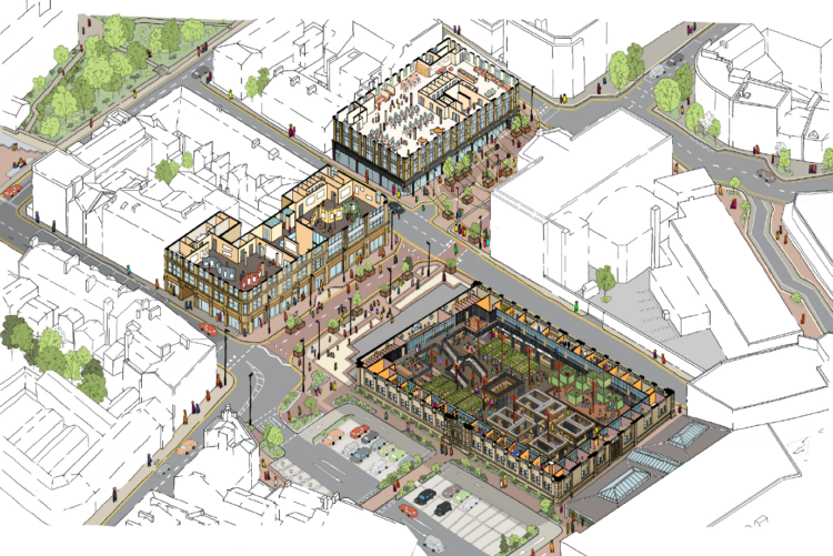 A colourful, hand drawn architectural perspective of 3 buildings in Accrington Town centre, depicting people using the buildings and spaces between for work and leisure.