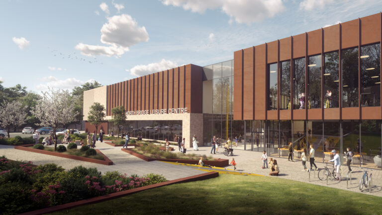 View of the entrance and public realm at North Bridge Leisure Centre, Halifax