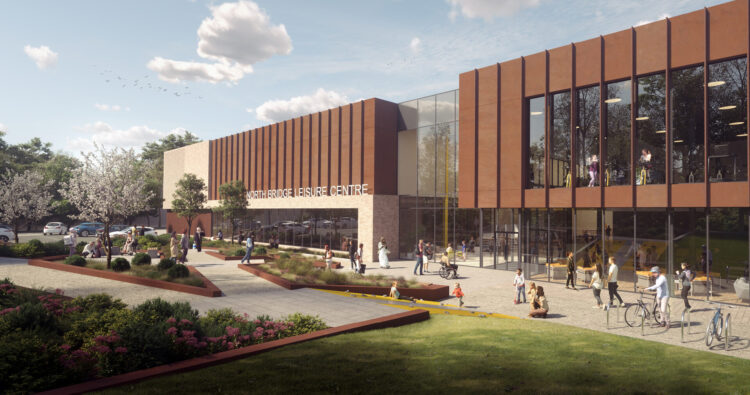 View of the entrance and public realm at North Bridge Leisure Centre, Halifax