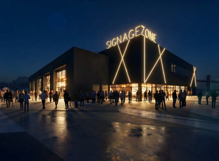 A modern, dark-clad ice rink at night with glowing neon lines and a rooftop sign reading “SIGNAGE ONE,” as crowds gather outside under warm interior lights reflecting on wet pavement. The AEW designed ice rink is in TraffordCity.