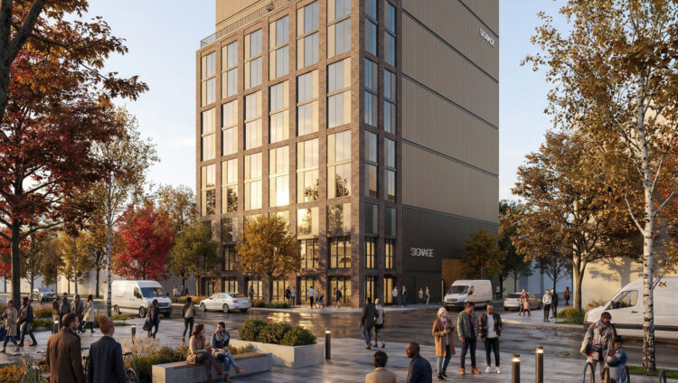 AEW designed, modern multi-storey self storage development with a brick façade and large grid windows at street level, topped by a taller, gold-toned clad volume. Set behind a landscaped public square with trees in autumn colour, seating, and pedestrians, creating an active, people-focused urban environment.